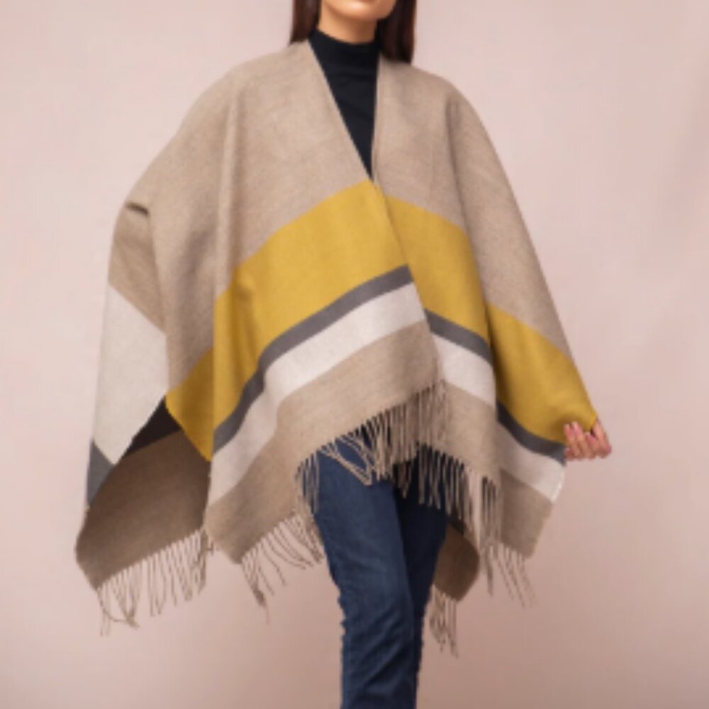 CAbi Knit Fringe Poncho Blanket Wrap Mustard Taupe - Picture 2 of 11